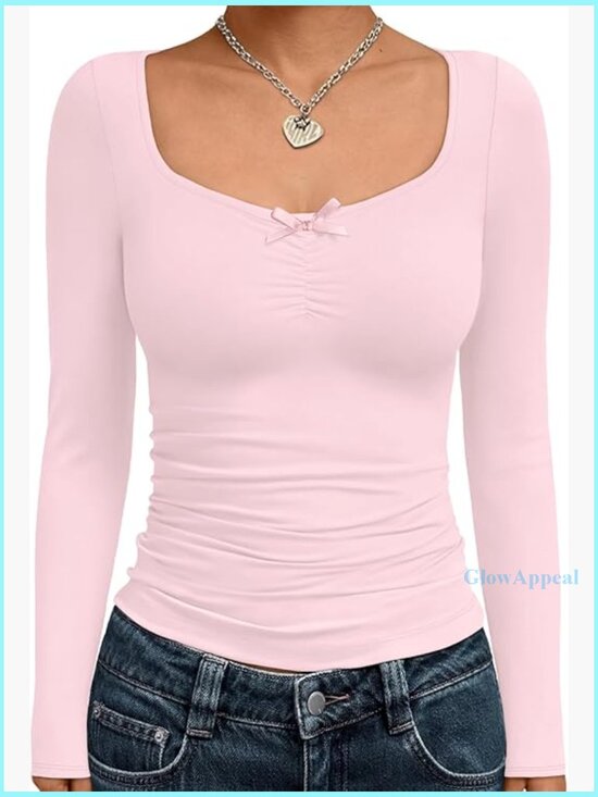 Tops - Long Sleeve Sweetheart Neck T-Shirt, Polyester Spandex Blend, Slim Fit